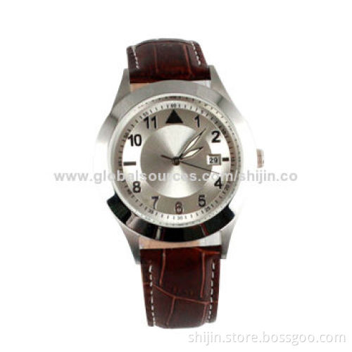 Stainless steel watch with genuine leather band for men, made in China